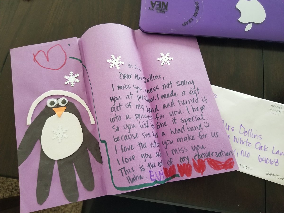 BeckyDollins's tweet photo. Had 2 more @MicrosoftTeams meetings today w/my PreKs & we had show n tell! So fun!Then I got another letter from a student today in the mail.These letters light up my day!โค#stillconnecting #lovesnailmail @NKCSchools @Oakwood_Manor @NKCTitle1prek @BrianMercerNKC @joseverduzconkc https://t.co/iMh3tolqKq