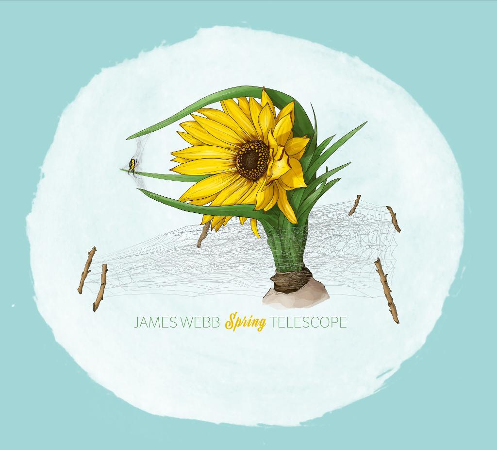 The James Webb Space Telescope illustrated as a sunflower and spiderwebs.