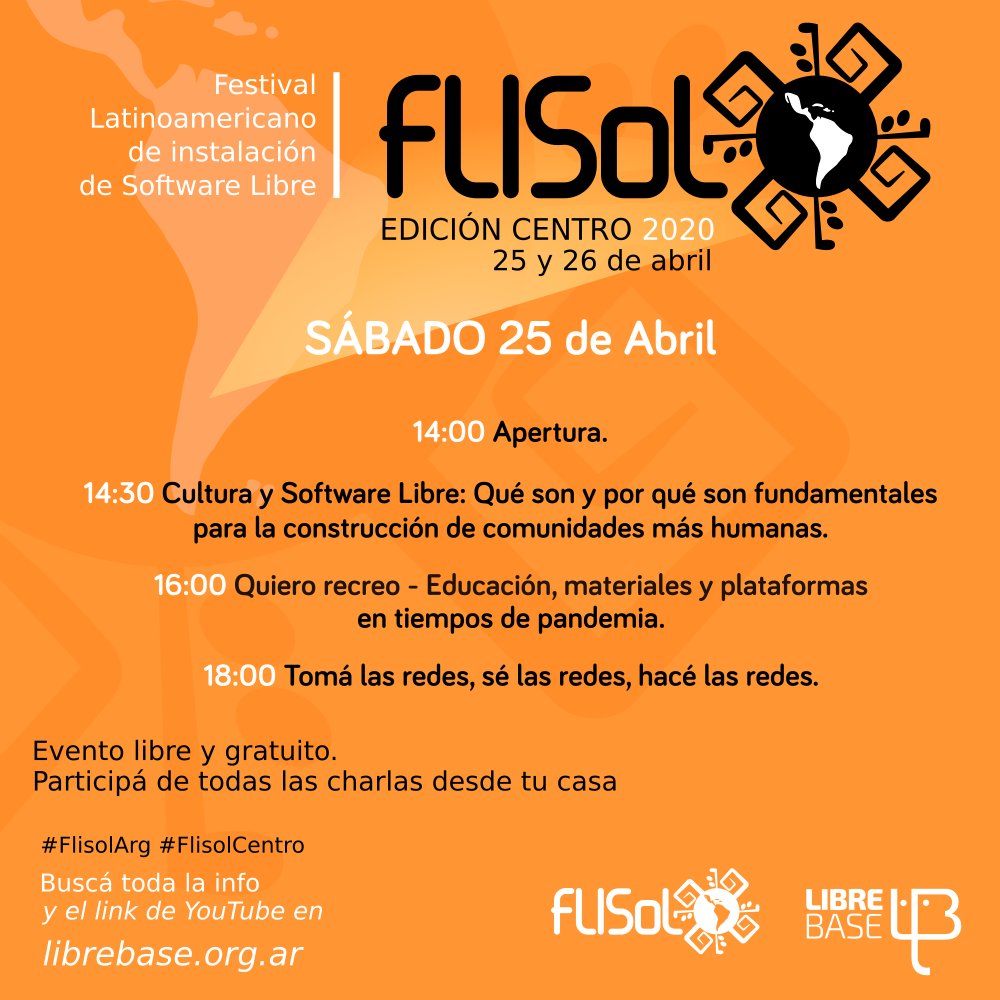 FLISoLCordoba's tweet photo. El próximo Sábado 25 y Domingo 26 de abril podés asistir y participar desde tu casa a seis charlas-debate sobre software y cultura libre en Argentina!!! Aquí el cronograma completo: https://t.co/rK8X98fK9r
#FlisolArg #FlisolCentro #Flisol #SoftwareLibre #CulturaLibre https://t.co/dPgPSkoiwc