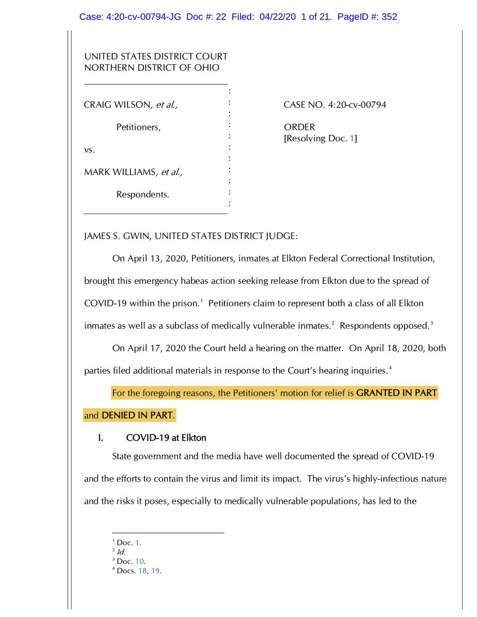  #BREAKING: Federal judge orders vulnerable inmates released from FCI Elkton w/ BOP "losing battle" against coronavirus: "With the shockingly limited available testing and the inability to distance inmates, COVID-19 is going to continue to spread." https://www.documentcloud.org/documents/6864342-Judge-James-S-Gwin-Elkton-Ruling.html