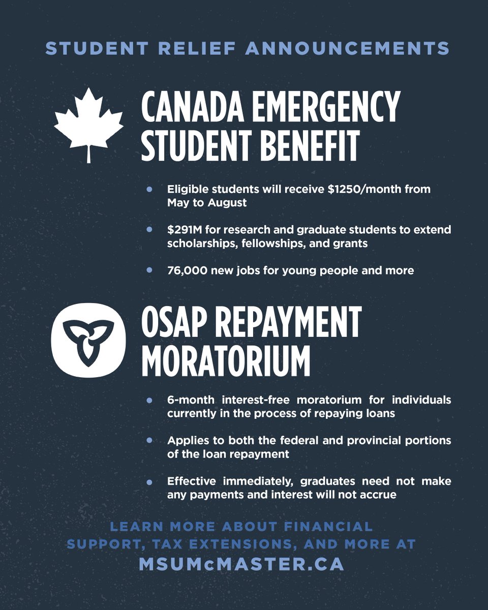 MSU_McMaster's tweet photo. In response to student advocacy around the limitations in CERB eligibility, the Prime Minister announced the Canada Emergency Student Benefit. The CESB provides $1,250/month, increasing to $1,750 for those with dependents or disabilities. Read more: https://t.co/IrqZO4KKMO #McSu https://t.co/0KLs0amI5I