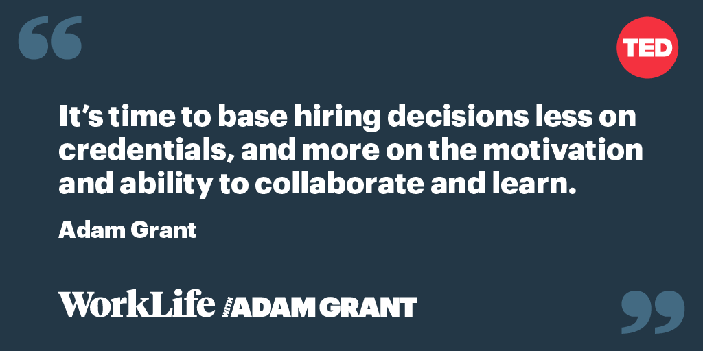 TEDTalks's tweet photo. How much does a resume actually matter? 

This week on #WorkLife, @AdamMGrant talks people who reimagined the interview process by refusing to look at resumes.

Listen on Spotify or wherever you get your podcasts: https://t.co/VG8X9fskKi https://t.co/53idNbxmb1