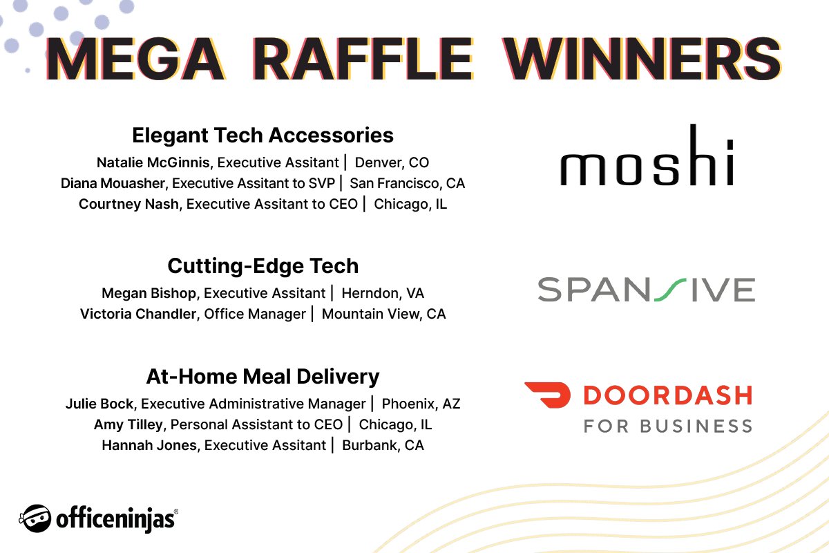 OfficeNinjas's tweet photo. Congratulations to our Round 2 #AdminWeek Mega Raffle WINNERS! 🥳 Give a hand to these lucky Ninjas on their new Workplace Essentials from @moshi_life, @SpansiveCo, and @DoorDash! ⌨️ https://t.co/GYQOrZsag2