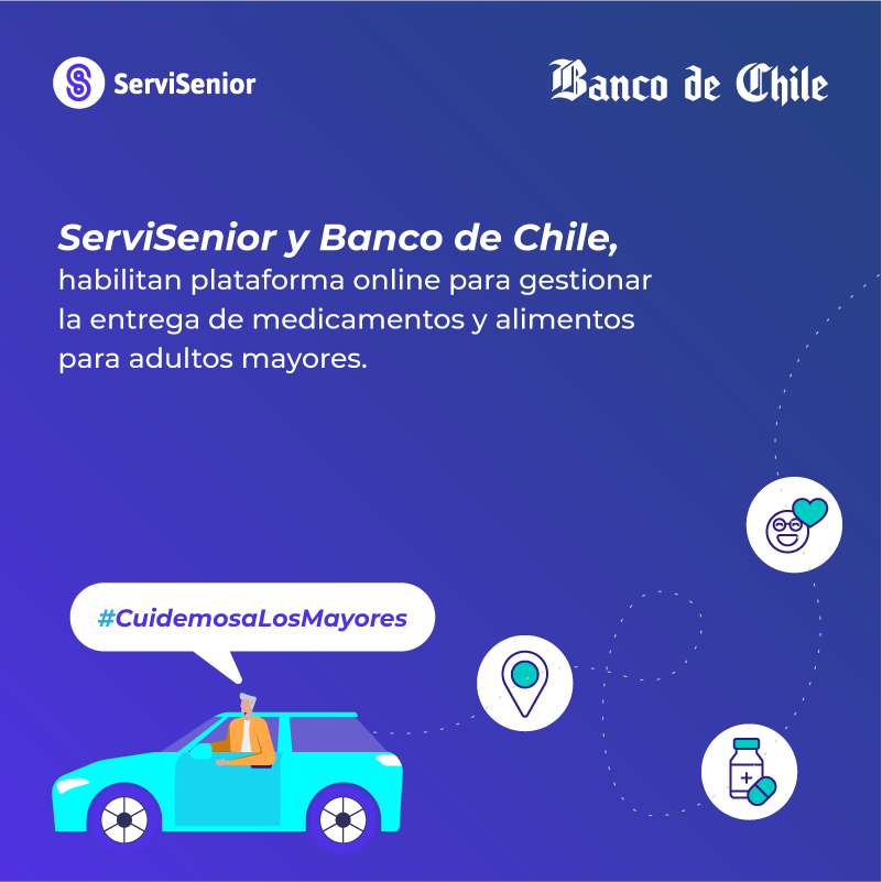servi_senior's tweet photo. @servi_senior y @bancodechile, habilitan plataforma para gestionar la entrega de medicamentos y alimentos. Gestionaremos 18.000 repartos, para que los adultos mayores de la comunas de @mpuentealto, @Muni_Renca y @municolina no tengan que salir de sus casas. #CuidemosaLosMayores https://t.co/tWwWH3Nc7s