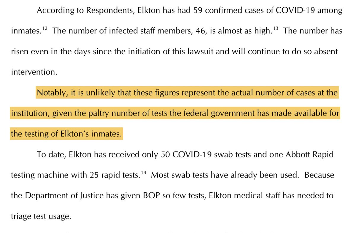 Judge says outbreak at Elkton is likely far worse than BOP acknowledges because of "paltry number of tests" — only 50 swabs and 25 rapid tests for ~2,400 prisoners
