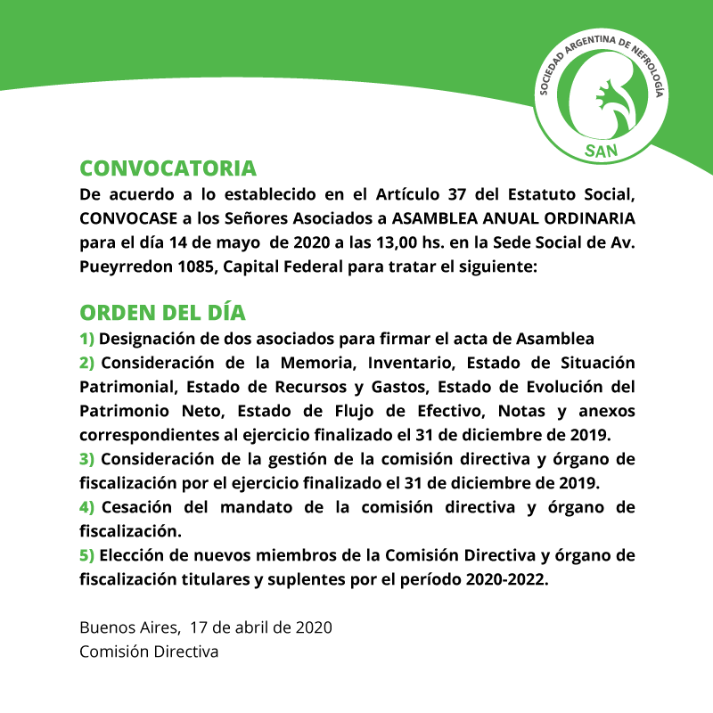 SocArgNefrologa's tweet photo. Nueva convocatoria a la Asamblea de Renovación de Autoridades / 14 DE MAYO https://t.co/Ixxsvzzl2N