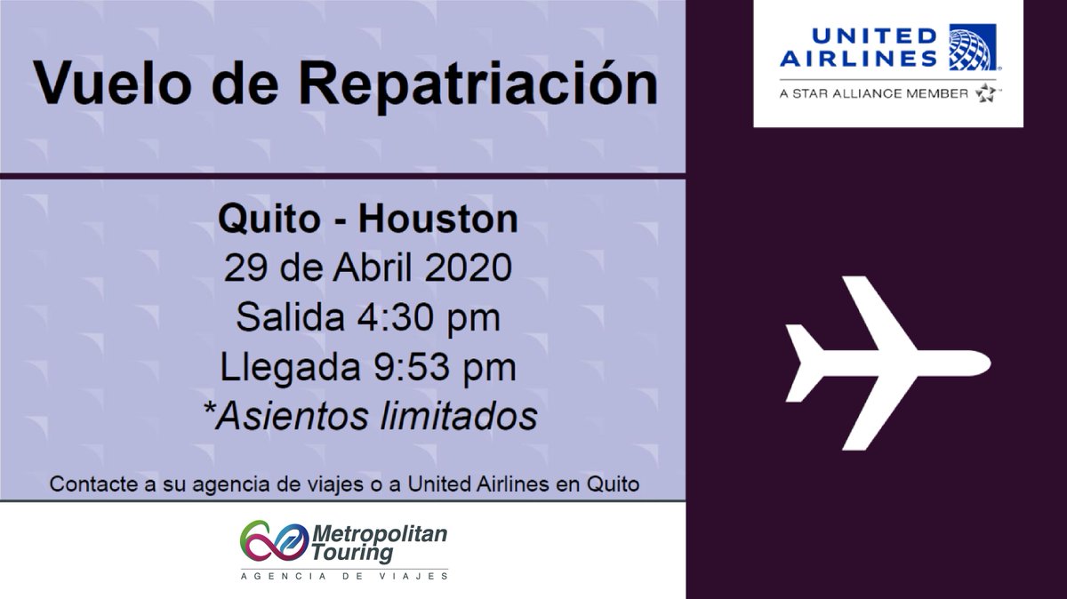 MetroCumbaya's tweet photo. #MTInforma #VueloRepatriación
UNITED AIRLINES pone a disposición un vuelo de repatriación con destino a #Houston, EE.UU., desde #Quito, EC, para este 29 de abril, 2020.

Contáctanos para mayor información, ¡estamos para ti!
#EstamosJuntos #EmergenciaSanitariaEC #Covid19EC https://t.co/1C89oyNqQM