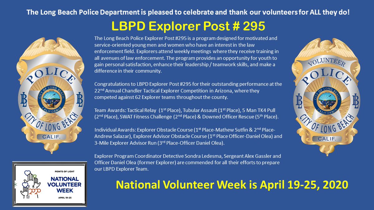 lbpd_volunteers's tweet image. #LBPD Explorer Post #295 is a program designed for motivated &amp;amp; service-oriented young men &amp;amp; women who have an interest in the law enforcement field. This amazing group of young men &amp;amp; women donated 10,261 volunteer hours in 2019! #NationalVolunteerWeek2020 #JoinLBPD #LBPDCares
