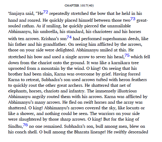 Karna vs Abhimanyu again after his brother is killed. What happens, Karna flees of course.