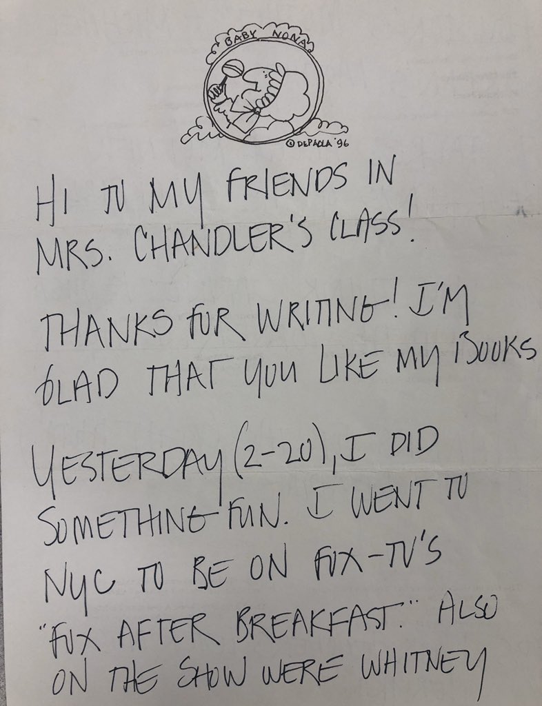Deana_Chandler's tweet photo. I was cleaning out some things today getting ready for retirement. I found this letter and picture from when I did an author study over 20 years ago. What a wonderful surprise my students and I had when #TomiedePaola wrote us back!  This is a keeper. #MCECats https://t.co/rCgprdAOo2