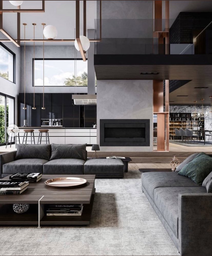 LIVING ROOM: This is the perfect picture ... High ceilings, large windows, open to the kitchen and it is SUNKEN! A must. I would lighten the walls a bit for a more open feel. You don’t NEED wall decoration and i like that. I would need a tall gas fireplace.