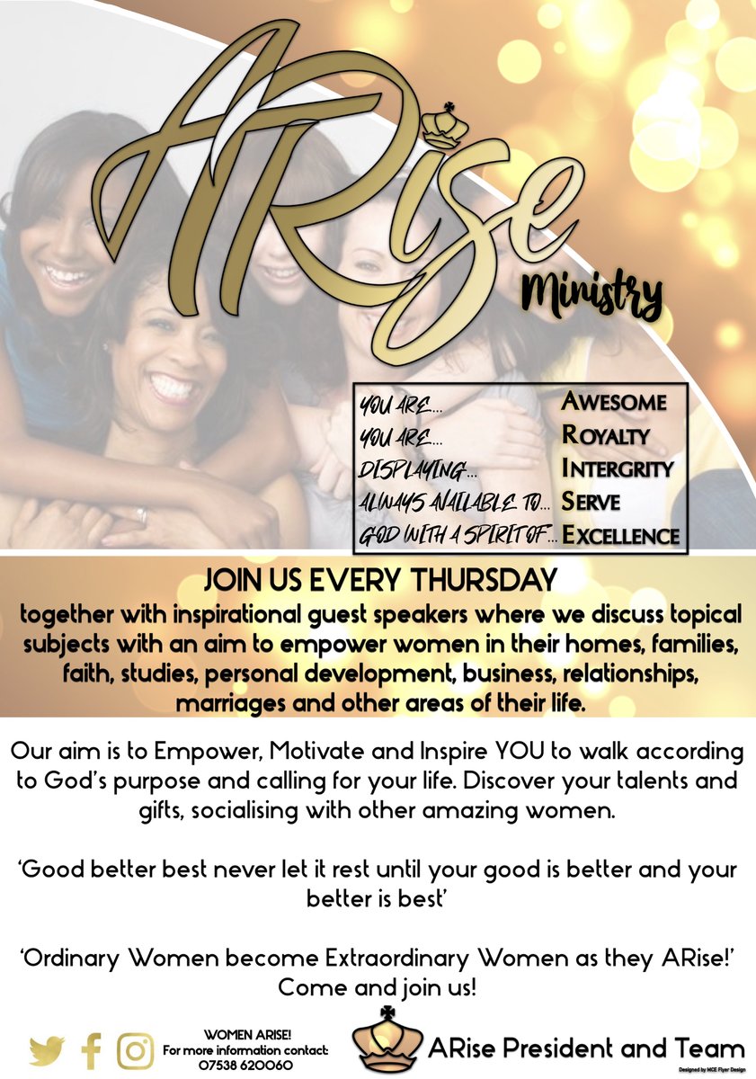 MCE_Updates's tweet photo. ARISE 👑 Join them this Thursday 23rd April 2020 by dialling into their telephone conference at 8.15pm

A - Awesome
R - Royalty
I - Integrity
S - Serving God
E - Spirit of Excellence

For more information call the number on the flyer or send them a text message!

#MyChurchEvents https://t.co/9S4CrcxgXs