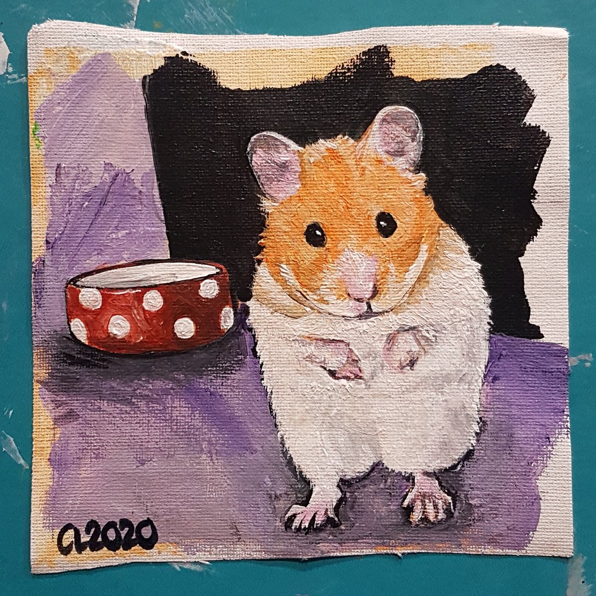 cazlathamart's tweet photo. Found a little spare scrap of canvas so I painted my #hamster on it. 😁🐹
Tiny Oatmeal, acrylic on Canvas 12x12cm. 💖
#art #painting #acrylicpainting #artist #petportrait #syrianhamster #pets #cute #tinyhamster #artwork #visualart #acryliconcanvas https://t.co/jiNiTQFTe8