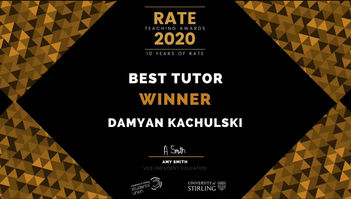 dkachulski's tweet photo. 🏆Happy to have won the 2020 #RATEAwards for Best #Tutor and Outstanding #Support ❤️Thank you, @stirjournalism students at #UofStirling! Thanks to colleagues in @stirlingunion @isstirling @StirUni @UofSStudentHub @StirUniCareers who worked w/ me to improve the #studentexperience! https://t.co/i8f79fr53X