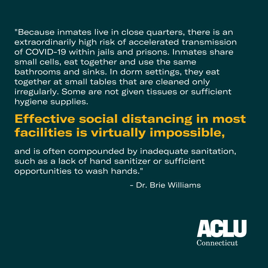 "Jails and prisons are fundamentally ill-equipped to handle a pandemic." - Dr. Brie Williams, in an affidavit filed with our federal lawsuit seeking emergency action to protect incarcerated people from COVID-19.  https://www.acluct.org/sites/default/files/01-4_exhibit_d_acluct_complaint.pdf