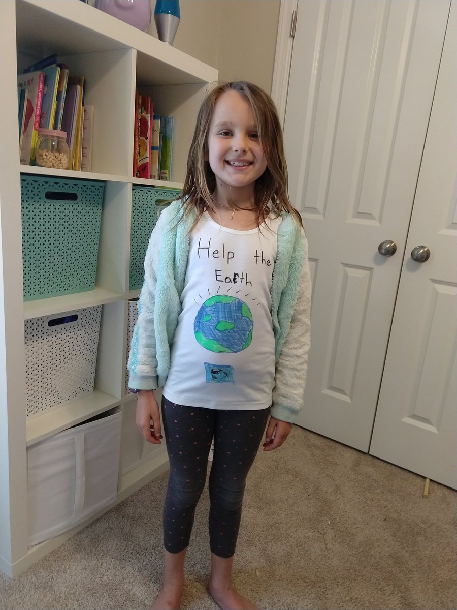 Wearing her self-made earth day shirt for "school" <a href="/BonnieBraeES/">Bonnie Brae ES</a>
