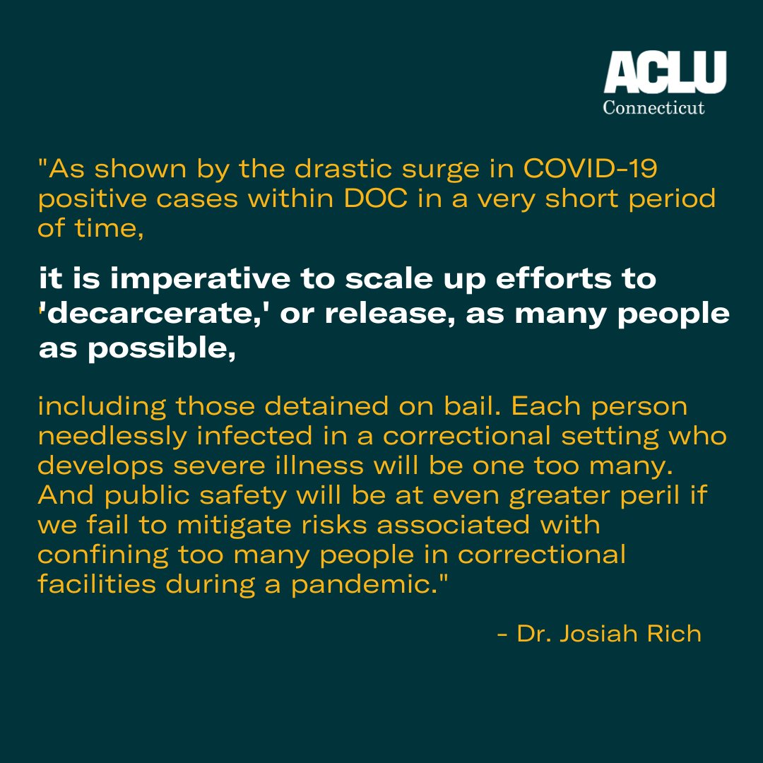 Public health experts have also pointed out to Governor Lamont that protecting the health of people in prisons and jails is also vital for protecting the health of people outside of prisons and jails.  https://www.acluct.org/sites/default/files/01-2_exhibit_b_acluct_complaint.pdf