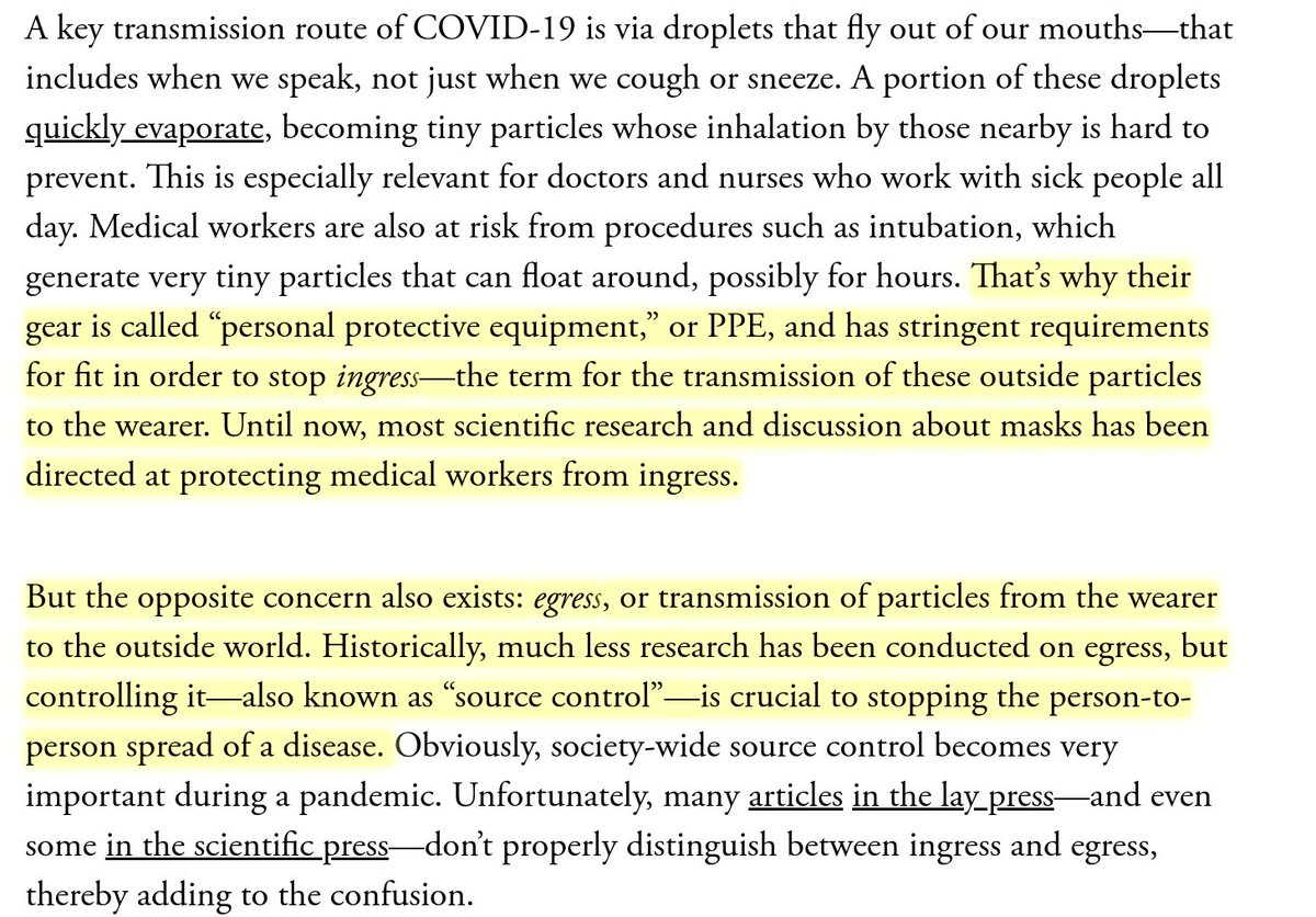 Much of the confusion about masks is because people conflate preventing infection (PPE for hospitals) with stopping transmission (cloth masks for all). Share this explainer I wrote with  @jeremyphoward &  @trishgreenhalgh with your mask-skeptical friends!  https://www.theatlantic.com/health/archive/2020/04/dont-wear-mask-yourself/610336/