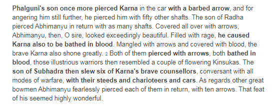 Abhimanyu vs Karna again along with all the Maharathis. Karna runs to Drona and cries how he is somehow staying in the fight (shocker!) and whines on how to kill Abhimanyu before he kills them all.