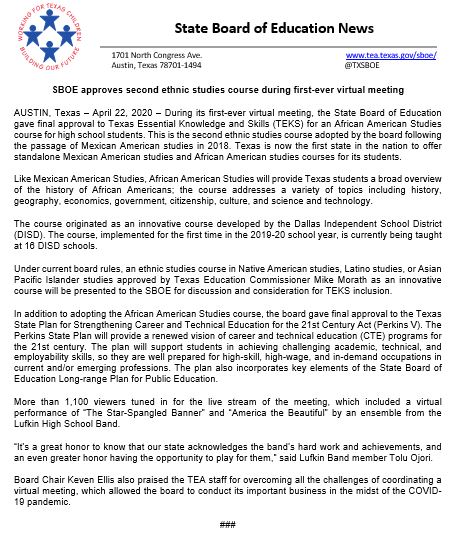 TXSBOE's tweet photo. PRESS RELEASE: SBOE approves second ethnic studies course during first-ever virtual meeting https://t.co/QI8Oi7D38f