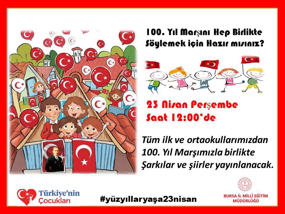 Bursa İl Millî Eğitim Müdürlüğü (@bursailmem16) on Twitter photo 🎊🇹🇷🎊23 Nisan Ulusal Egemenlik ve Çocuk Bayramımızı her yıl olduğu gibi aynı coşku ve sevinçle ama bu kez evlerimizden kutluyoruz.
🎈Yaşasın 23 Nisan!
#yüzyıllaryaşa23nisan
<a href="/ziyaselcuk/">Ziya Selçuk</a> <a href="/tcmeb/">Millî Eğitim Bakanlığı</a> <a href="/sdulger43/">Sabahattin DÜLGER</a> 🎊🇹🇷🎊23 Nisan Ulusal Egemenlik ve Çocuk Bayramımızı her yıl olduğu gibi aynı coşku ve sevinçle ama bu kez evlerimizden kutluyoruz.
🎈Yaşasın 23 Nisan!
#yüzyıllaryaşa23nisan
<a href="/ziyaselcuk/">Ziya Selçuk</a> <a href="/tcmeb/">Millî Eğitim Bakanlığı</a> <a href="/sdulger43/">Sabahattin DÜLGER</a>