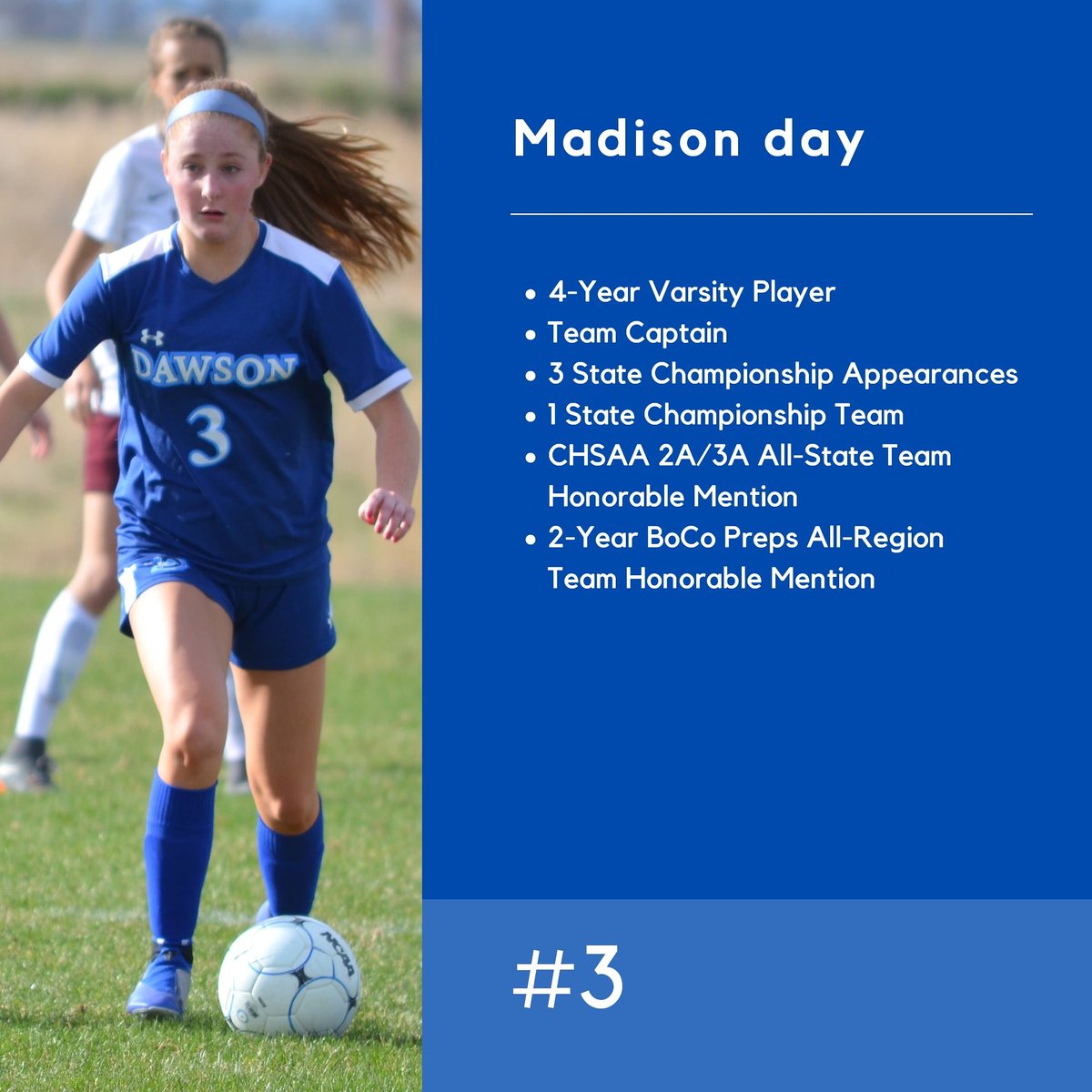 Go_DawsonSoccer's tweet photo. Next up - Madison Day. #3. We'll miss the leader of the back line, the always reliable defensive cover, and your leadership by example. 💪⚽
#dawsonsoccerpride #leadfromtheback #wellmissyou https://t.co/nZ6aKujbTR