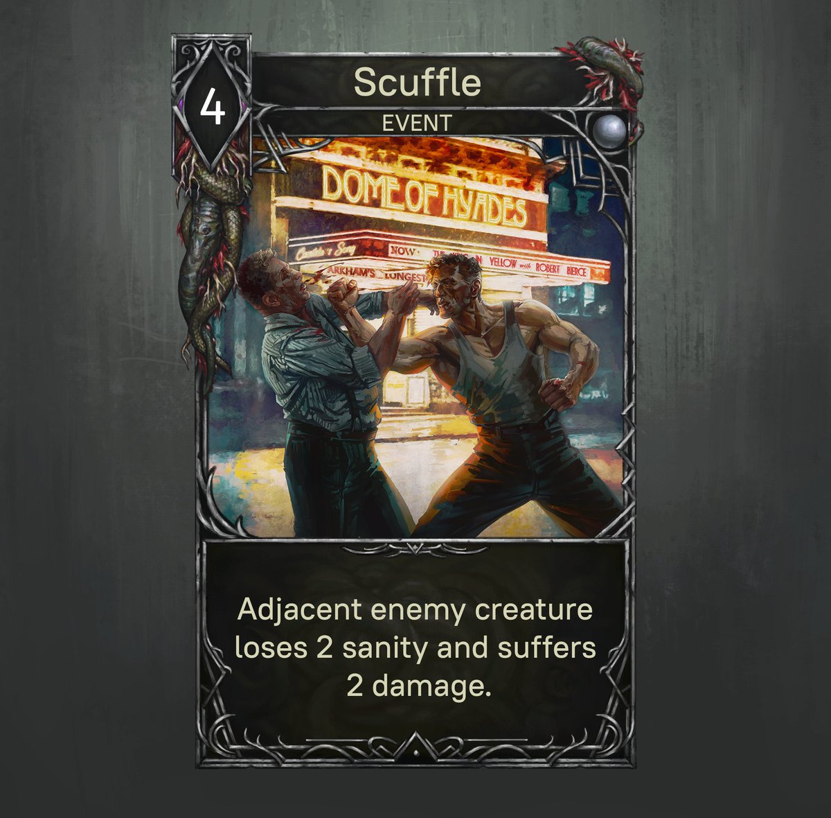 A new card! Here is Scuffle. An occupation of one lane may give you some benefits but this card may turn it into a disadvantage.
#IndieGameDev #HPLovecraft #callofmyth #cardgame #CCG