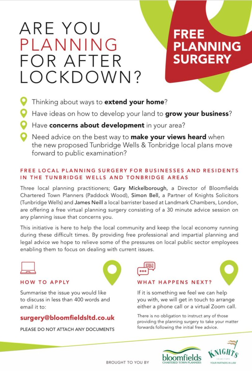 Delighted to announce that in conjunction with <a href="/BloomfieldsPlan/">Bloomfields Planning</a>  and James Neill of <a href="/Landmark_LC/">Landmark Chambers</a> we are offering a free planning surgery initiative to assist our local community #tunbridgewells #tonbridge #planning #virtualplanning #localplan #development