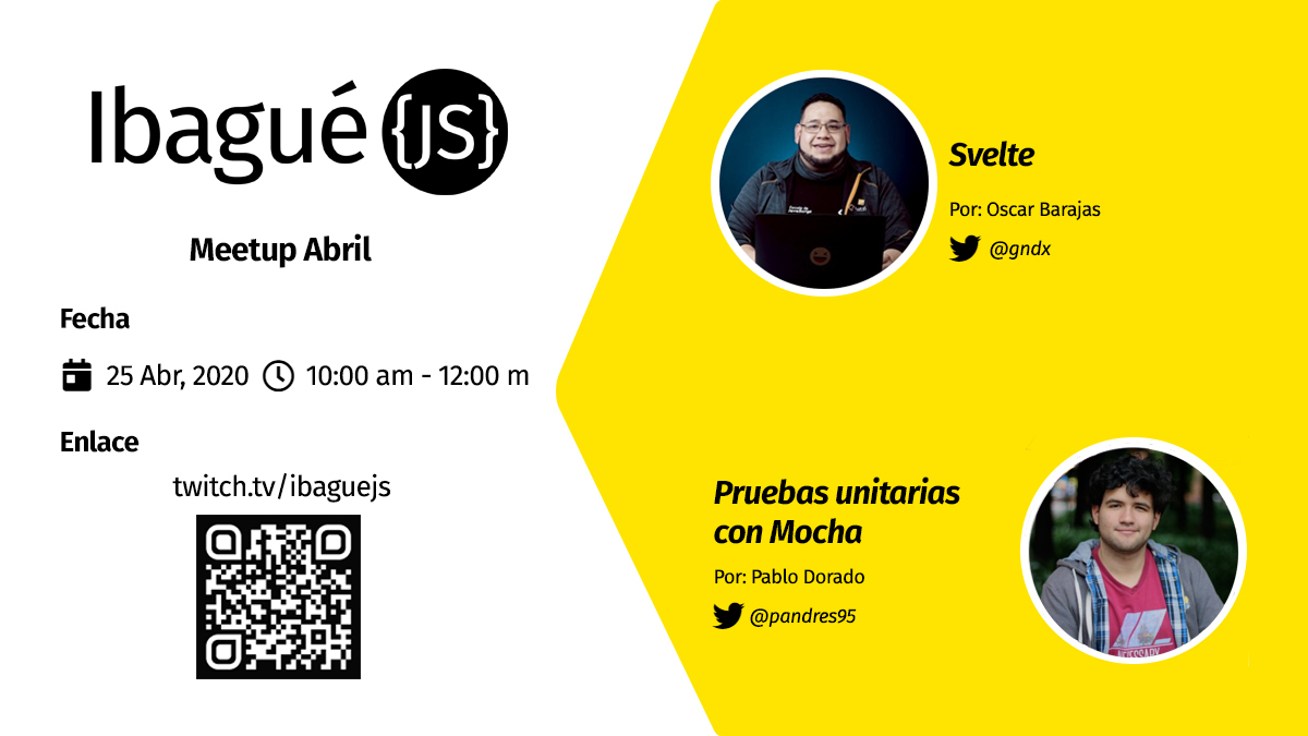 Este mes tendremos dos temas interesantes en el mundo JavaScript, un nuevo Framework que quiere revolucionar el mundo Front-end, Svelte con <a href="/gndx/">Oscar Barajas Tavares 🚀 🇨🇴</a> y Pruebas Unitarias con Mocha con <a href="/pandres95/">Pablo Andrés Dorado Suárez 🦕🦀</a> los esperamos este sábado a las 10 a.m en nuestro canal de Twitch twitch.tv/ibaguejs