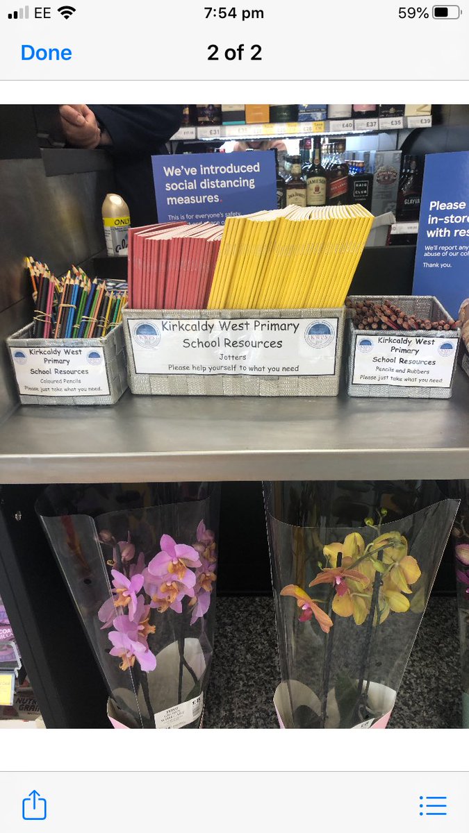 💕Thanks to Miss Maxwell, Tesco on Nicol Street have baskets of resources, jotters and pencils, for KWPS children near to the tills. Please only take enough to share in your house. Hope this helps with home learning 👍🏻💕#StayHomeSaveLives 🌈