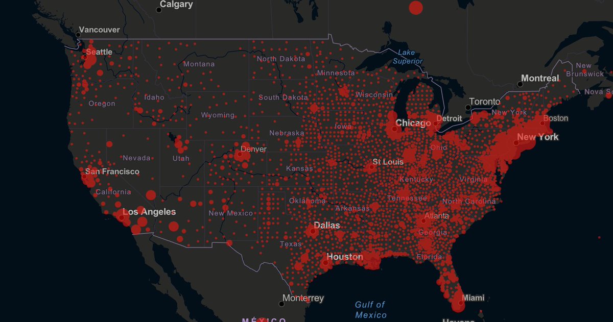 Because I'm sick of being shown that the  #covid19 heatmap correlates perfectly with 5G coverage maps, here's a map of Starbucks locations vs a map of Corona