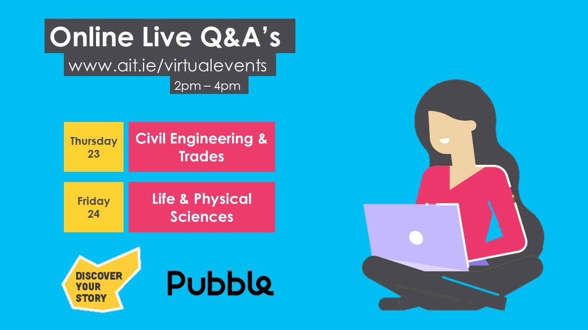 Two more live Q&amp;A’s still to come this week on <a href="/pubbleio/">Pubble</a> 📲

Tomorrow | Civil Engineering &amp; Quantity Surveying ait.pubble.io/app/event/66481

Friday | Life &amp; Physical Sciences ait.pubble.io/app/event/66477

Our team will be live between 2-4pm to answer all queries 

#DiscoverYourStory