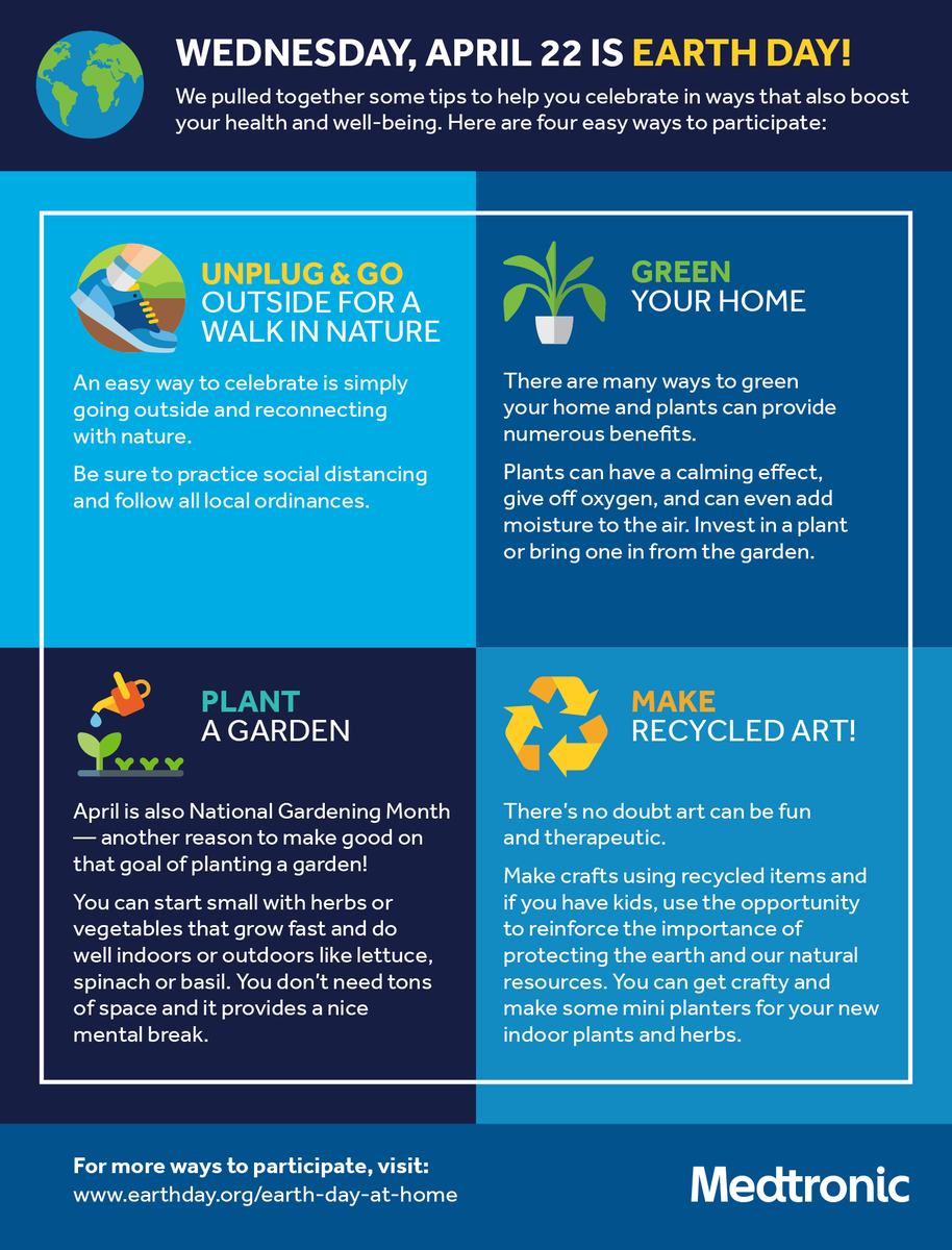 Medtronic's tweet photo. While #COVID19 has changed how we live &amp; work, #EarthDay is a time for us to feel more connected even while many of us are apart. Here are some ways to participate in #EarthDay2020. Learn how we are reducing our environmental footprint. https://t.co/eG0hzDO6D6 https://t.co/1dKDSyk4Xy