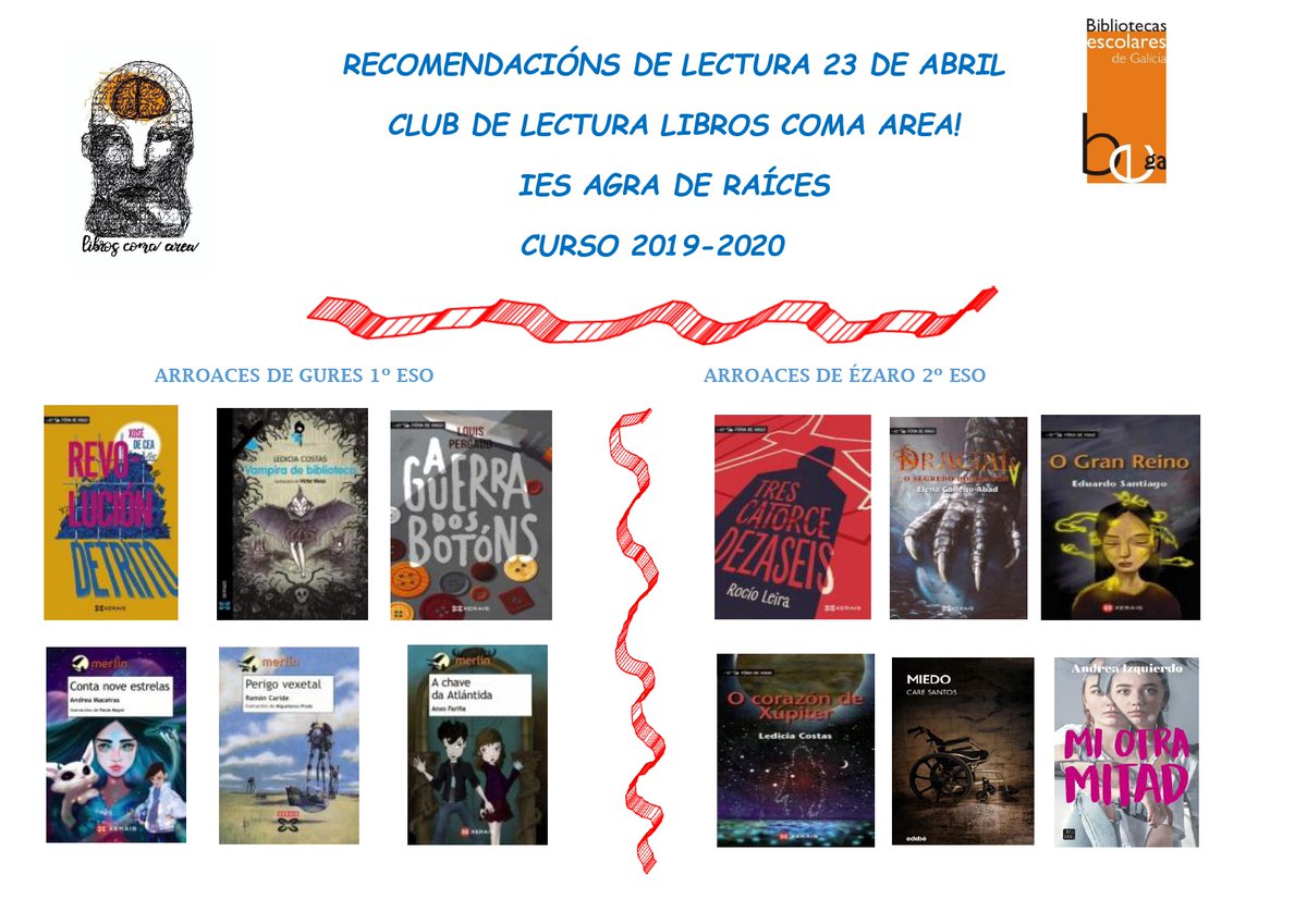 zuno_gurur's tweet photo. O club de lectura "Libros coma area!" desexa compartir convosco unhas recomendacións literarias que preparou para conmemorar o Día do Libro (23 de abril). Nestes momentos, máis que nunca, a literatura é evasión. Feliz Día do Libro!
#clubdelectura #libroscomaarea #bescolaresgal https://t.co/7g6uqbmvoQ