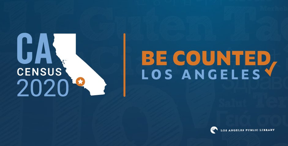 Census logo and text that reads be counted los angeles