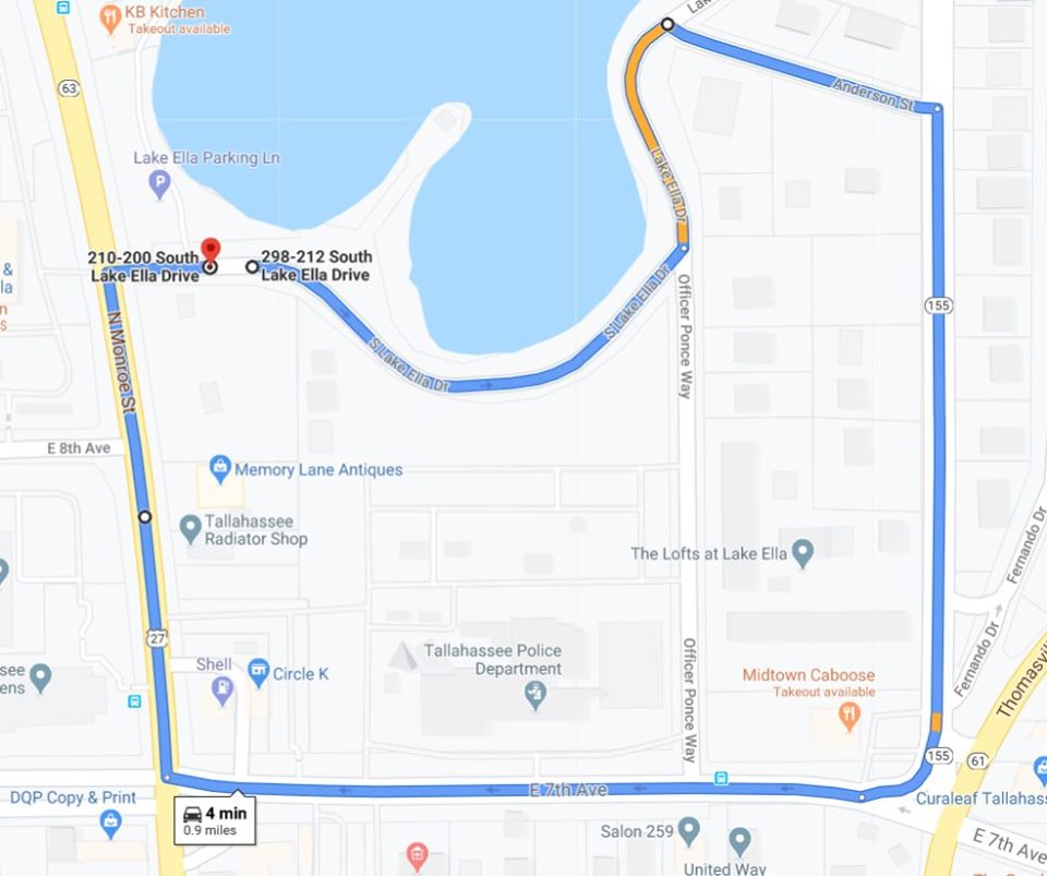 (8): If the police order us off Officer Ponce, we will adjust the loop to:• Lake Ella Drive to Anderson St. • Right on Meridian • Right on 7th Ave• Right on Monroe • Right on Lake Ella Drive• Right on Anderson St• Right on Meridian • Right on 7th AveREPEAT LOOP