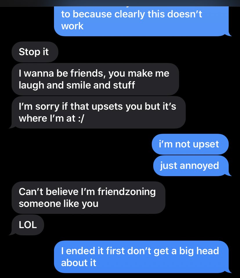 so a couple days go by and he will not stop talking to me so: we decide to be friends (more like he suggested it and i’m nice so I was like ok)