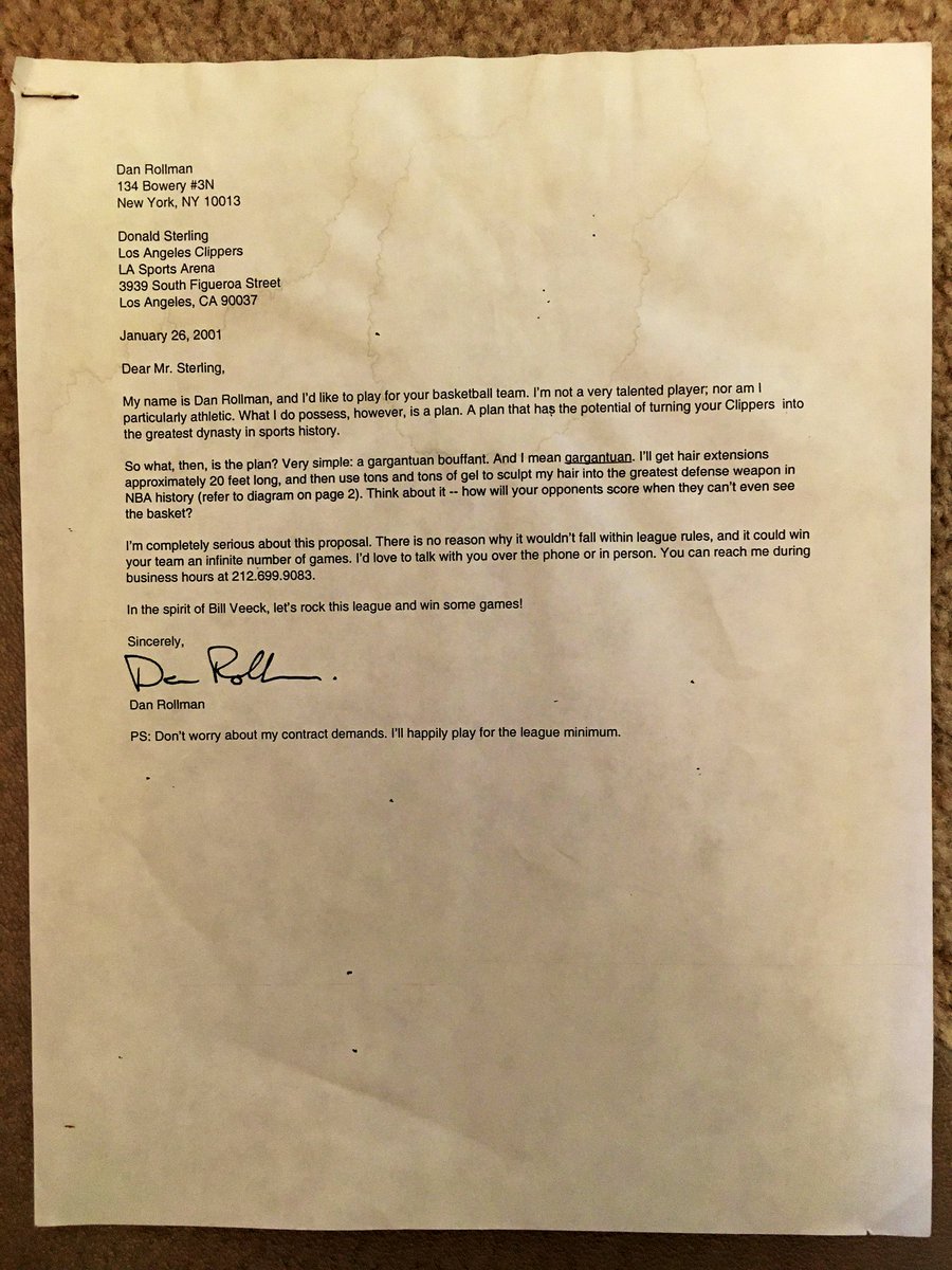 snerko's tweet image. 19 years ago, I mailed a version of this letter + drawing to every team in the @NBA. Two GMs were kind enough to respond. No one offered me a contract.