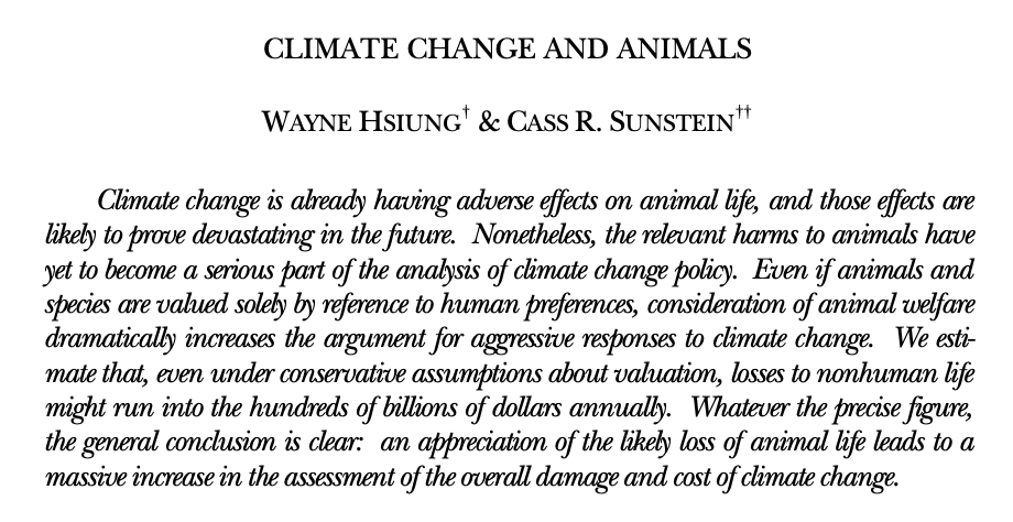 In 2007, <a href="/waynehhsiung/">Wayne Hsiung</a> (<a href="/DxEverywhere/">Direct Action Everywhere</a>) &amp; <a href="/CassSunstein/">Cass Sunstein</a> (<a href="/Harvard_Law/">Harvard Law School</a>) wrote "Climate Change and Animals." It contends that animal harms resulting from climate change should be part of the analysis of climate change policy. bit.ly/3cHWHXQ #EarthDay #law
