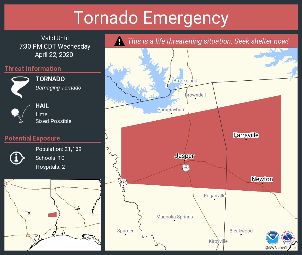 ZacharysWeather's tweet photo. RT NWStornado: Tornado Emergency including Jasper TX, Newton TX, Farrsville TX until 7:30 PM CDT https://t.co/3X9Aa0BZRx