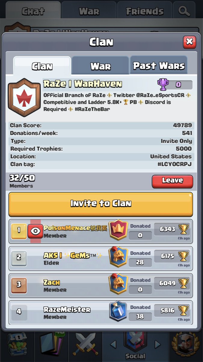 RaZe I WarHaven Clash Royale is now Recruiting: 

•Competitive Manager
•Competitive NA Players
•Ladder Players 5.8K+ 🏆PB
•War Enthusiasts 

If anyone is interested in helping run it or wants to be part of RaZe DM us. 

#RaZeHype #RaZeTheBar #Top200Local