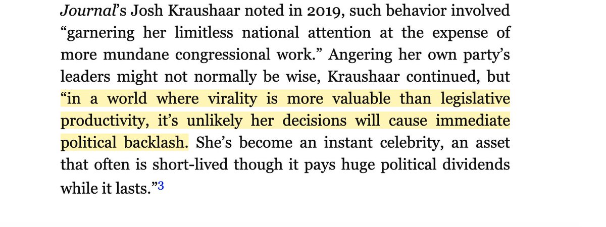 “in a world where virality is more valuable than legislative productivity, it’s unlikely her decisions will cause immediate political backlash."  @HotlineJosh