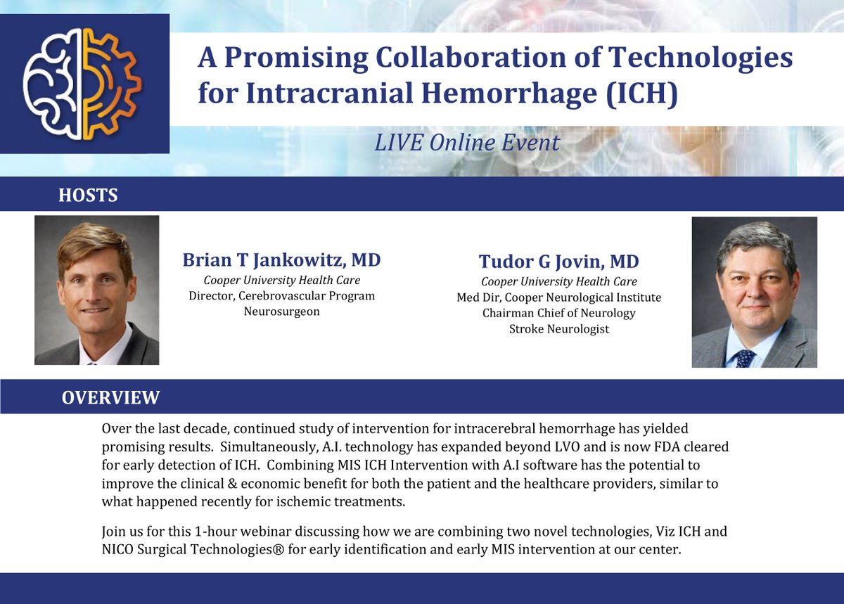 Viz.ai (@viz_ai) on Twitter photo Tomorrow at 1pm PDT/4pm EST: "A Promising Collaboration of Technologies for ICH" with <a href="/TudorGJovin/">Tudor G. Jovin, MD</a> and Dr. Brian T. Jankowitz, discussing how they are detecting ICH early with Artificial Intelligence and intervening <a href="/CooperHospital/">Cooper Hospital</a>: bit.ly/3cBV7qw Tomorrow at 1pm PDT/4pm EST: "A Promising Collaboration of Technologies for ICH" with <a href="/TudorGJovin/">Tudor G. Jovin, MD</a> and Dr. Brian T. Jankowitz, discussing how they are detecting ICH early with Artificial Intelligence and intervening <a href="/CooperHospital/">Cooper Hospital</a>: bit.ly/3cBV7qw