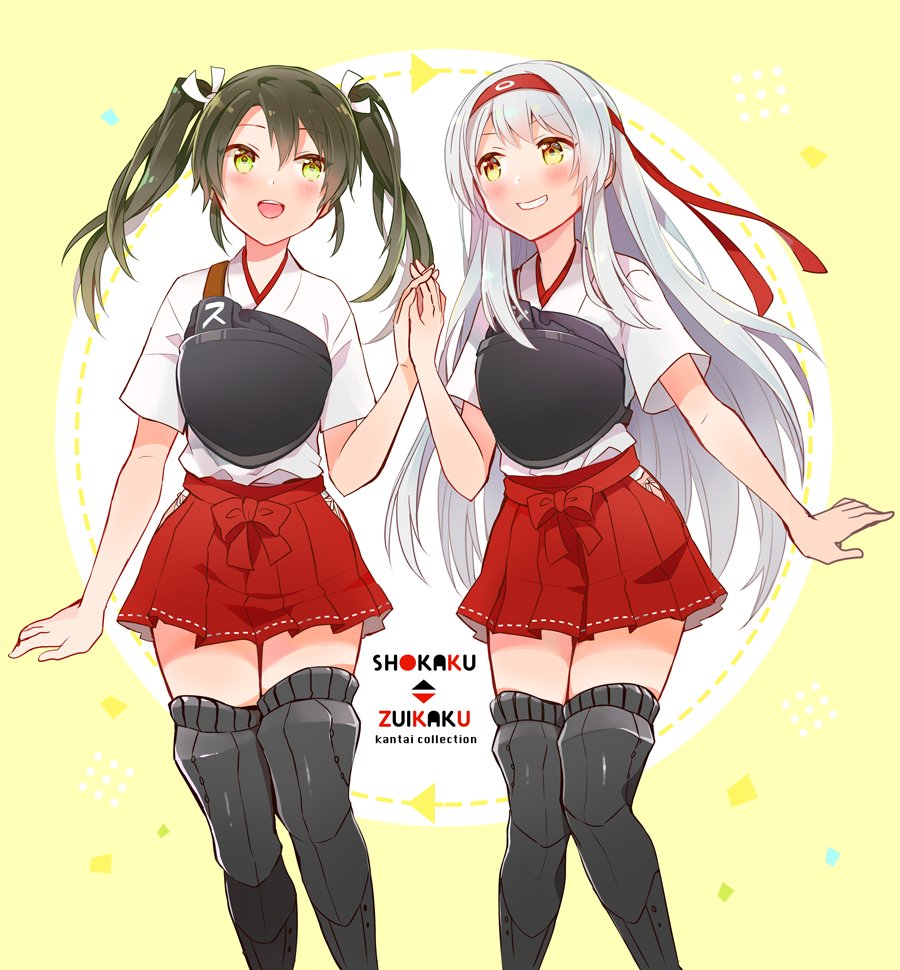 shoukaku (kancolle) ,zuikaku (kancolle) 2girls multiple girls hood twintails skirt one eye closed long hair  illustration images