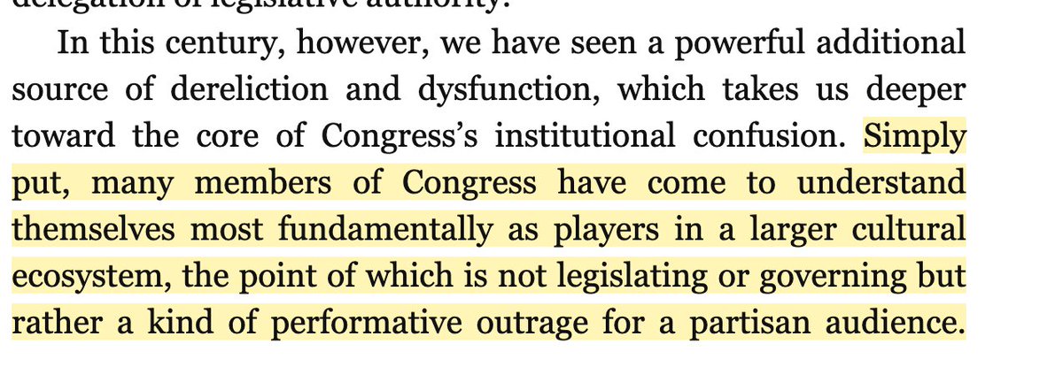 "Simply put, many members of Congress have come to understand themselves most fundamentally as players in a larger cultural ecosystem, the point of which is not legislating or governing but rather a kind of performative outrage for a partisan audience."