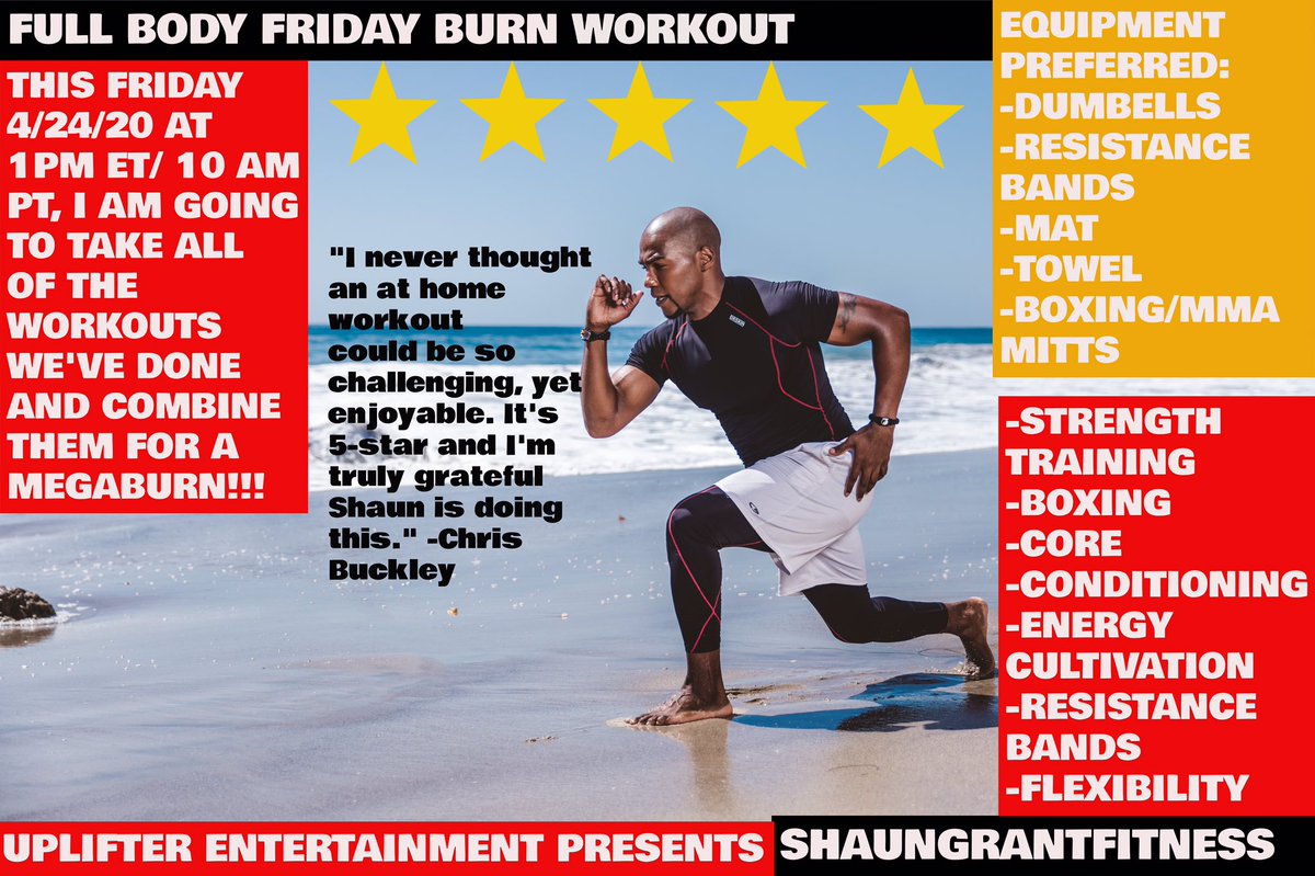 IamShaunGrant's tweet photo. ๐ฅ FULL BODY BURN FRIDAY๐ฅ
MASTER COMBINATION WORKOUT ๐๐พโโ๏ธ
โ๏ธ4/24/20โ๏ธ
๐ก1PM ET/ 10AMPT
๐ช๐พ๐ช๐พ๐ช๐พ
FB LIVE- Shaun Grant
๐ฅ ๐ฅ๐ฅ
๐ฆ๐ฆ๐ฆ
See you there!
#truth #shaungrantfitness #workout #boxing #timberwolfsrg #IAMSRG โค๏ธ https://t.co/9CtfdSQ8kg