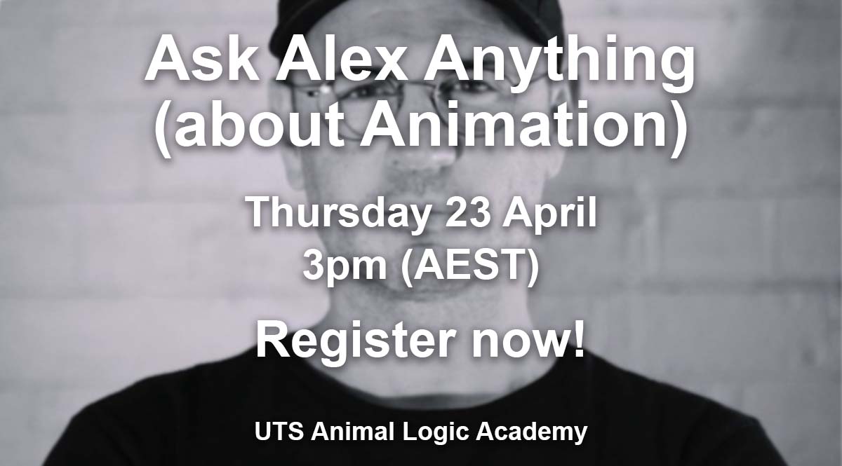 UTS_ALA's tweet photo. Last chance to register for our Q&amp;A session ‘Ask Alex Anything (about Animation)’, on today at 3pm! Join our Creative Lead, Alex Weight, as he shares insights from his career immersed in feature film, advertising and television https://t.co/ZugbryzZoU #utsala #mav #webinar https://t.co/JdStaVtTs4