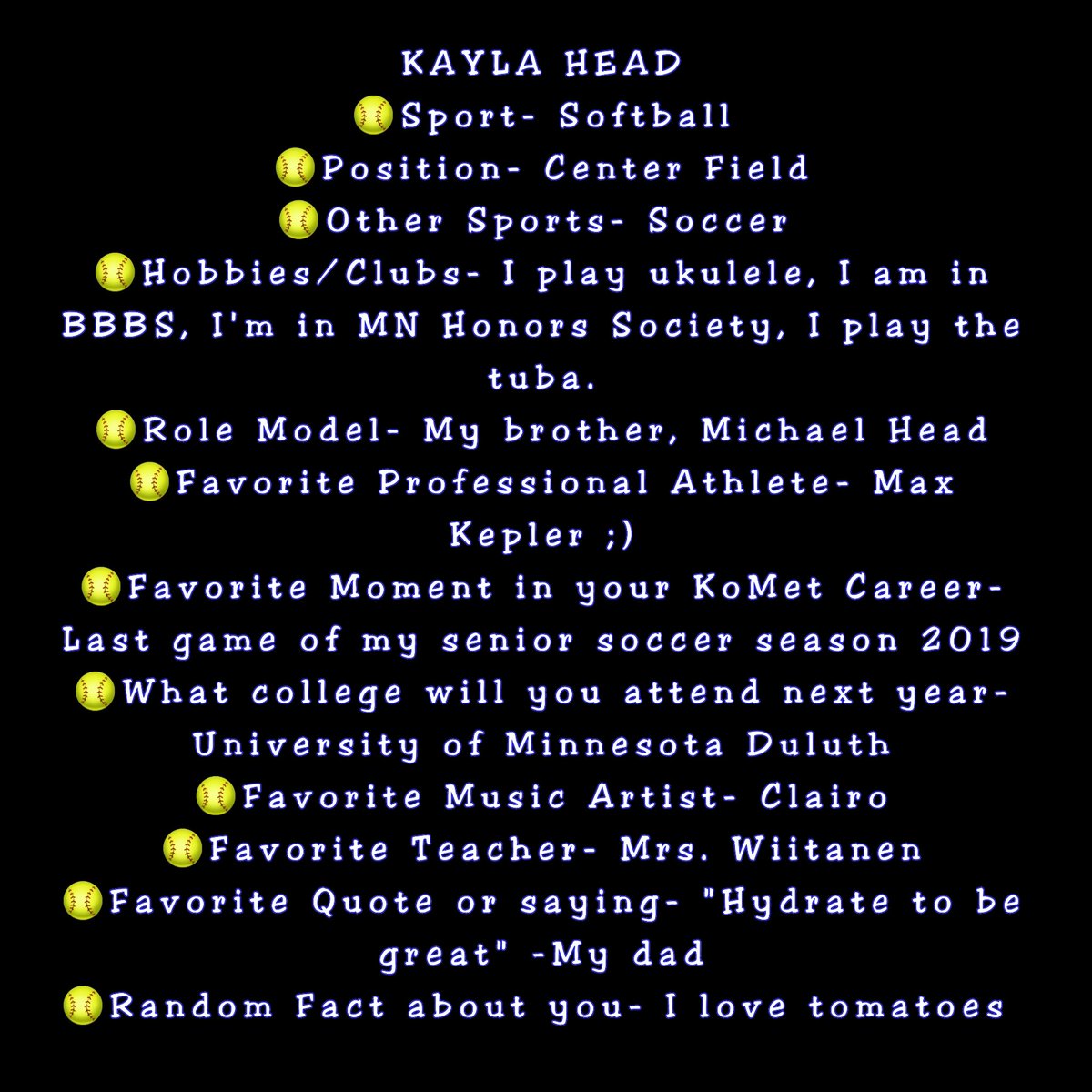 KometSoftball's tweet photo. Leading things off- Senior center fielder #12 Kayla Head!! @head_Kayla2020 #Classof2020 https://t.co/CVS7bWrTHh