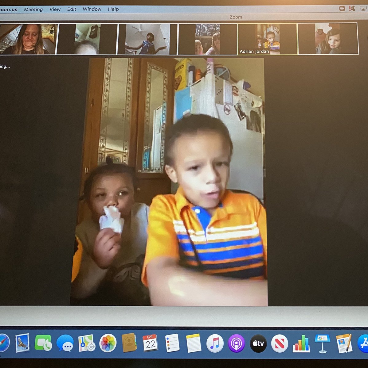 borntoteachk's tweet photo. Our first kinderZoom meeting! I planned to read a chapter. But a darling read to us instead! We loved  it!  #WEAREAYCOCK https://t.co/fOSWMLAGs9