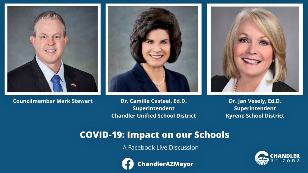MarkStewart_AZ's tweet photo. Join us this Thursday at 3:30 p.m. as will be live on our @cityofchandler
Facebook page discussing the impact of COVID-19 on our @ChandlerUnified schools with Dr. Camille Casteel and @KyreneSchools Dr. Jan Vesely. 

Tune in 🍎| https://t.co/9N9z8cVTfv
#education https://t.co/atbWF6Sui9